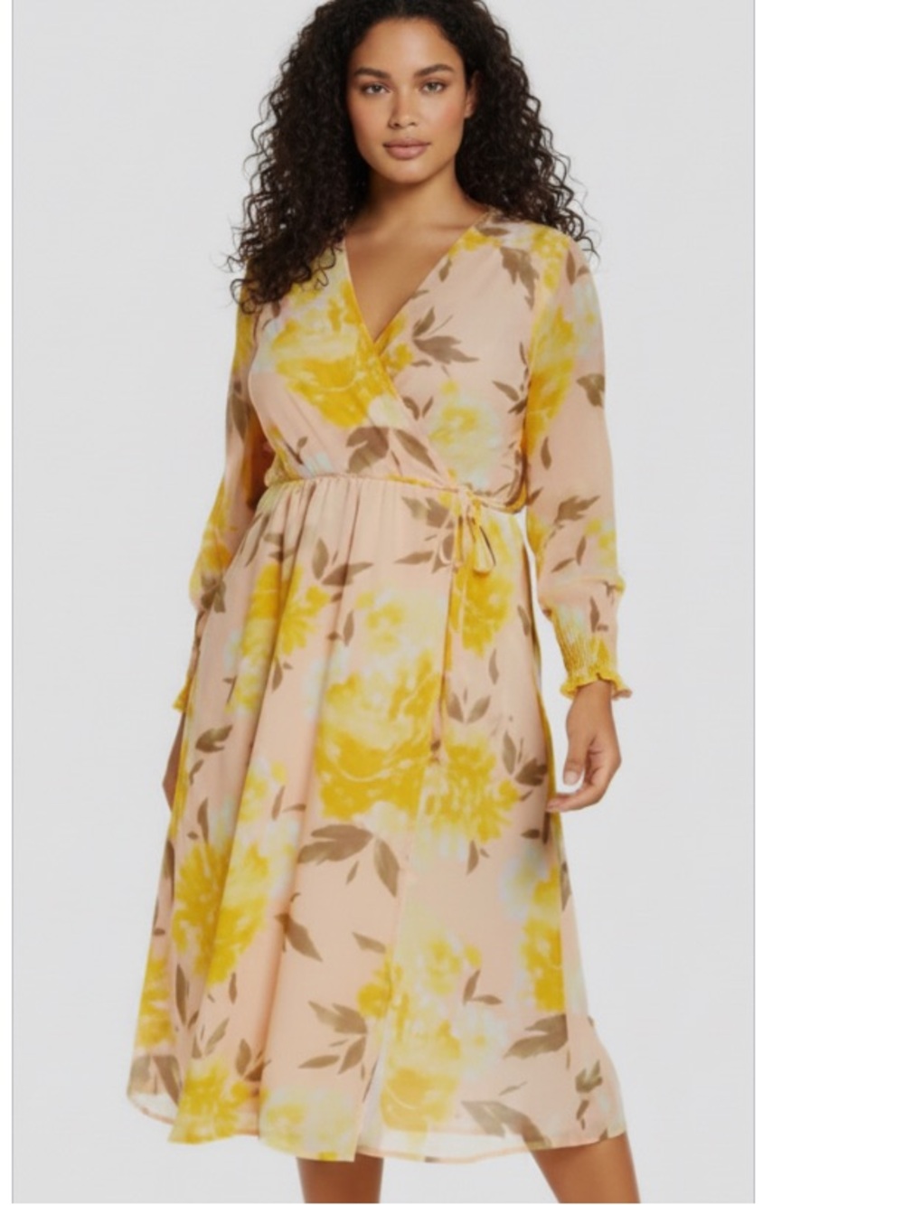 Halogen Long Sleeve Yellow Peach Floral Wrap Midi Dress Size 3X